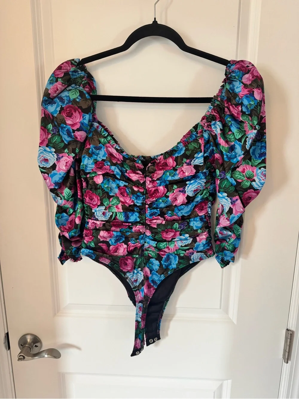 For Love & Lemons Money Floral Puff-Sleeve Bodysuit - Pink & Blue Roses